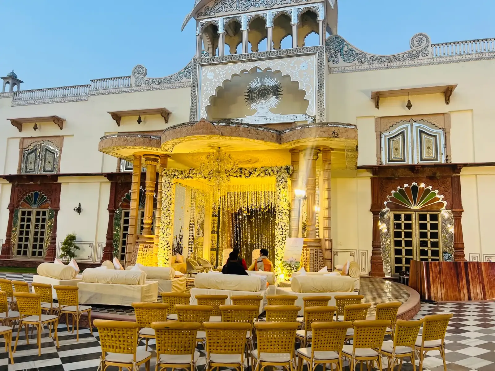 Destination wedding mandap decorated with flowers
